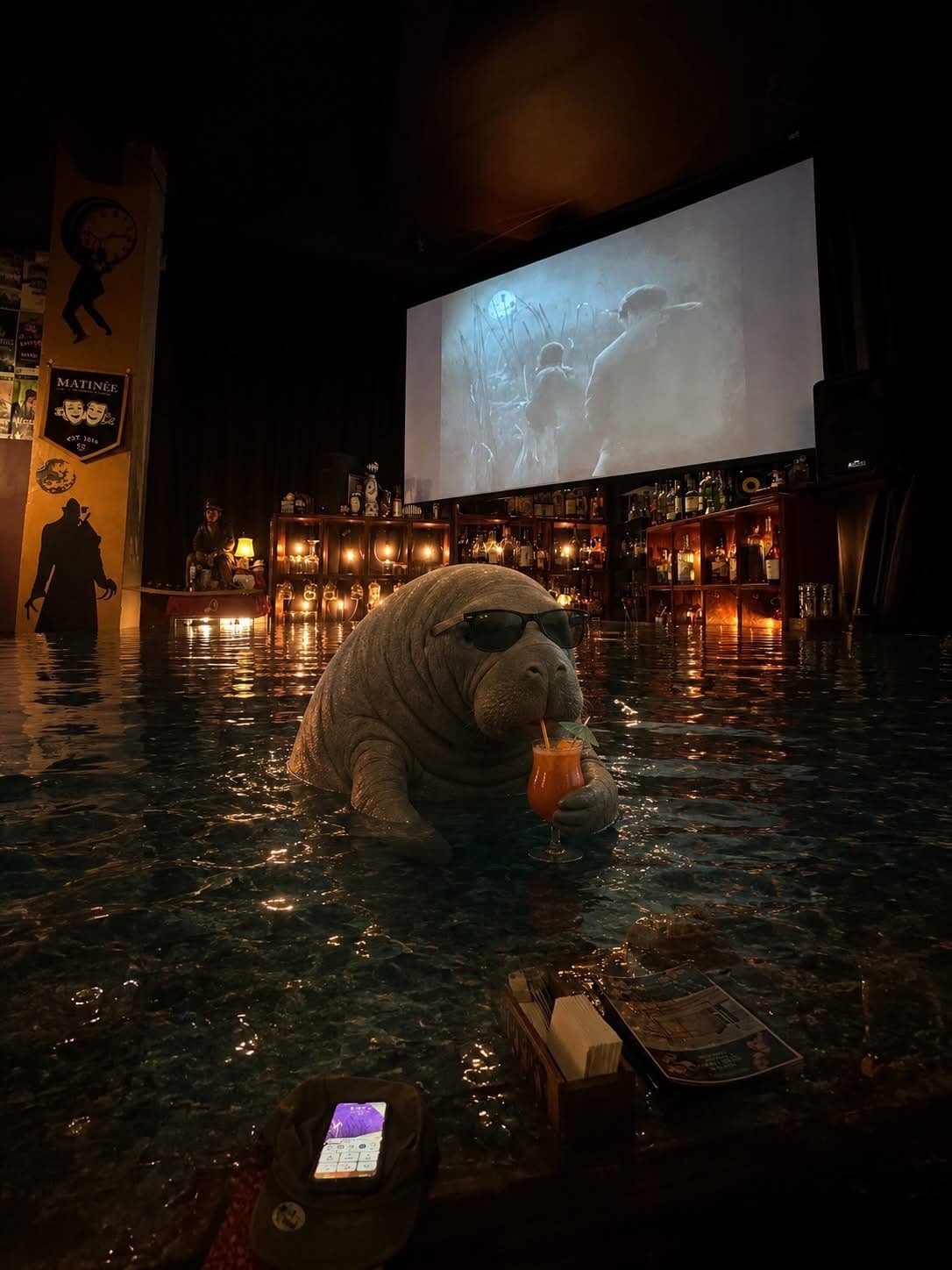 A large walrus figure wearing sunglasses sits in shallow water holding a cocktail glass. Behind it, shelves of bottles line the bar, illuminated by warm lighting. A movie plays on a screen above.