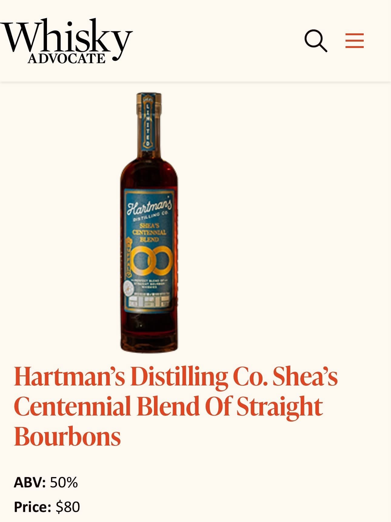 A bottle of Hartman's Distilling Co. Shea's Centennial Blend of Straight Bourbons with a dark red liquid inside, blue and gold label, and cork stopper.